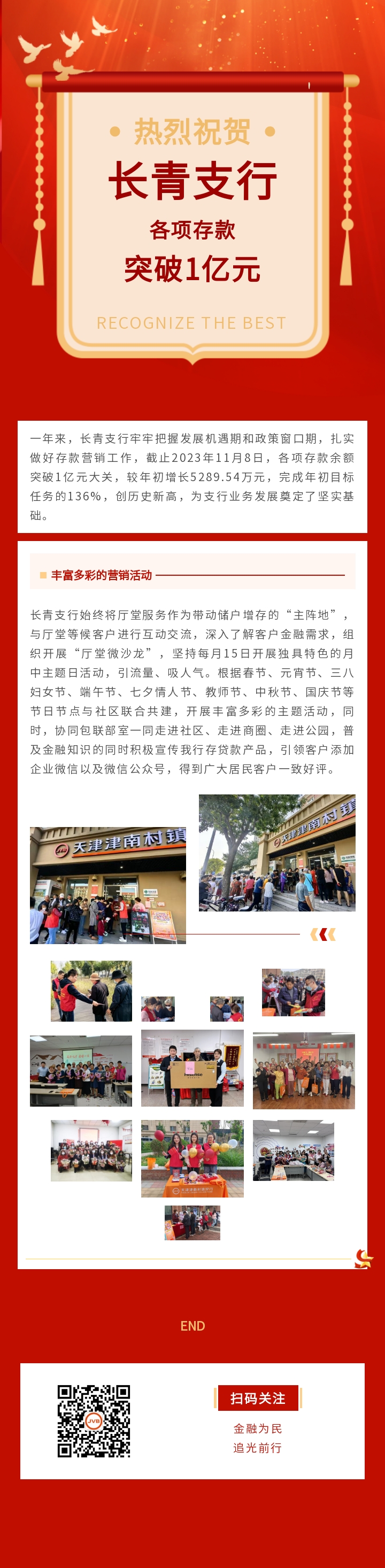 【网点喜报】我行长青支行各项存款余额突破1亿元大关，首创历史新高